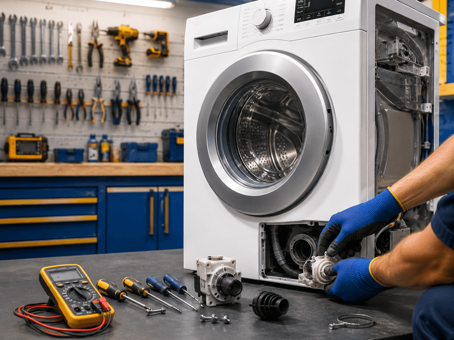 Manutenção de máquina de lavar roupas na oficina da Mark-serv